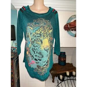 VINTAGE CUSTO BARCELONA TEAL LION TUNIC TOP